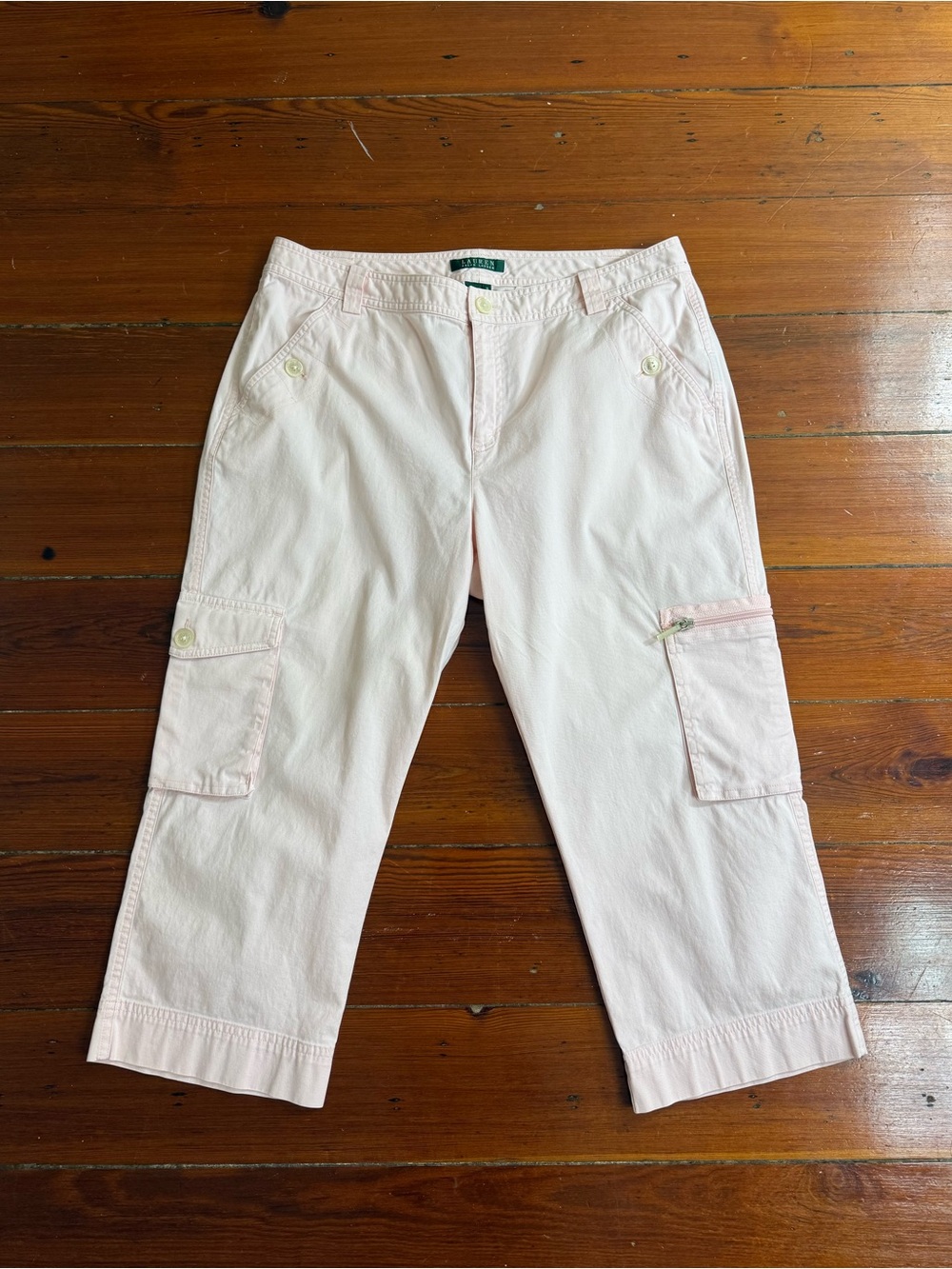 Vintage Ralph Lauren Pastel Pink Clam Diggers Cargo Capris Pants Size 12 💚🍄